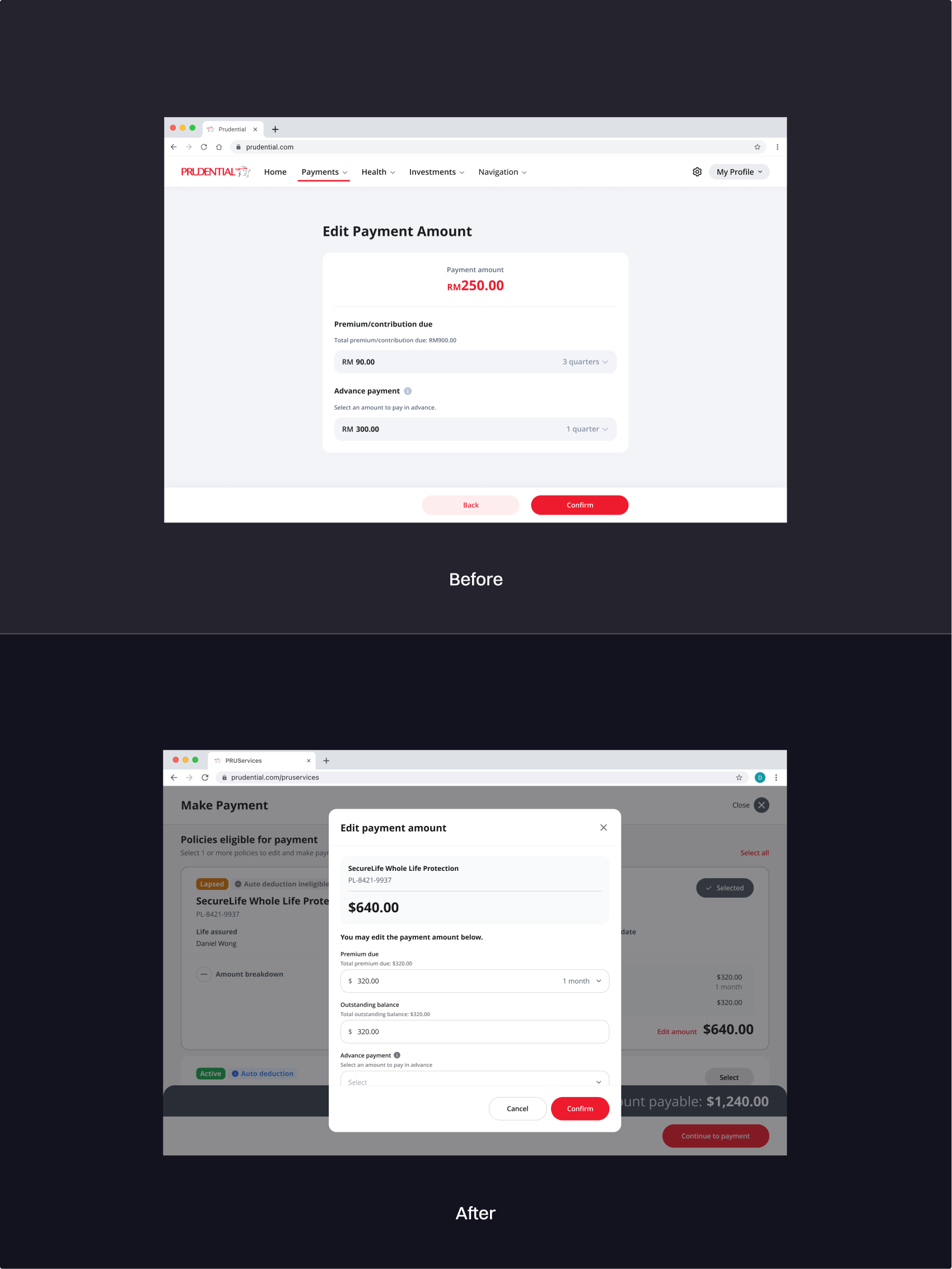 Before and after comparison of the payment amount editing experience