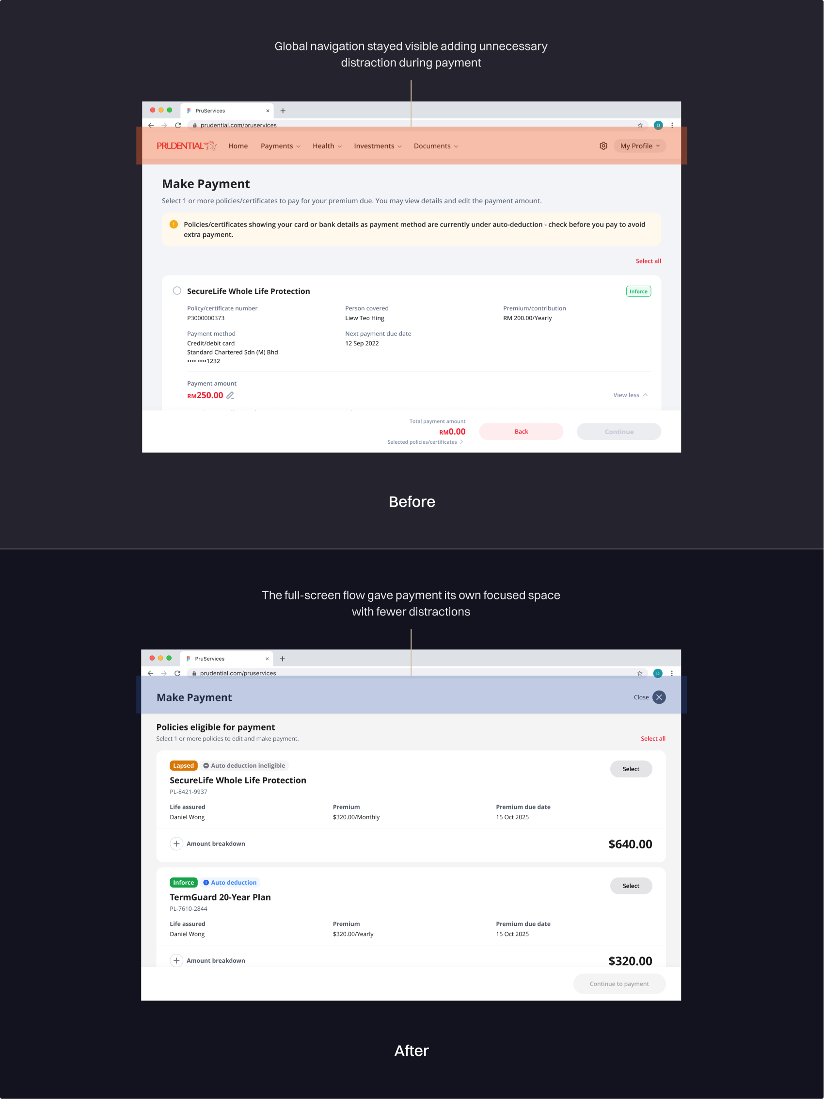 Before and after comparison of the focused payment flow