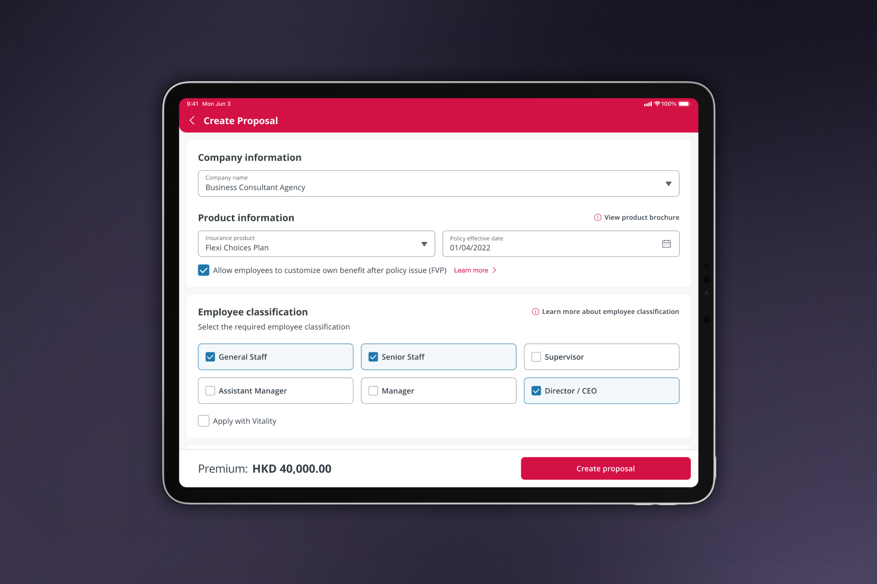Insurance proposal generator overview screens