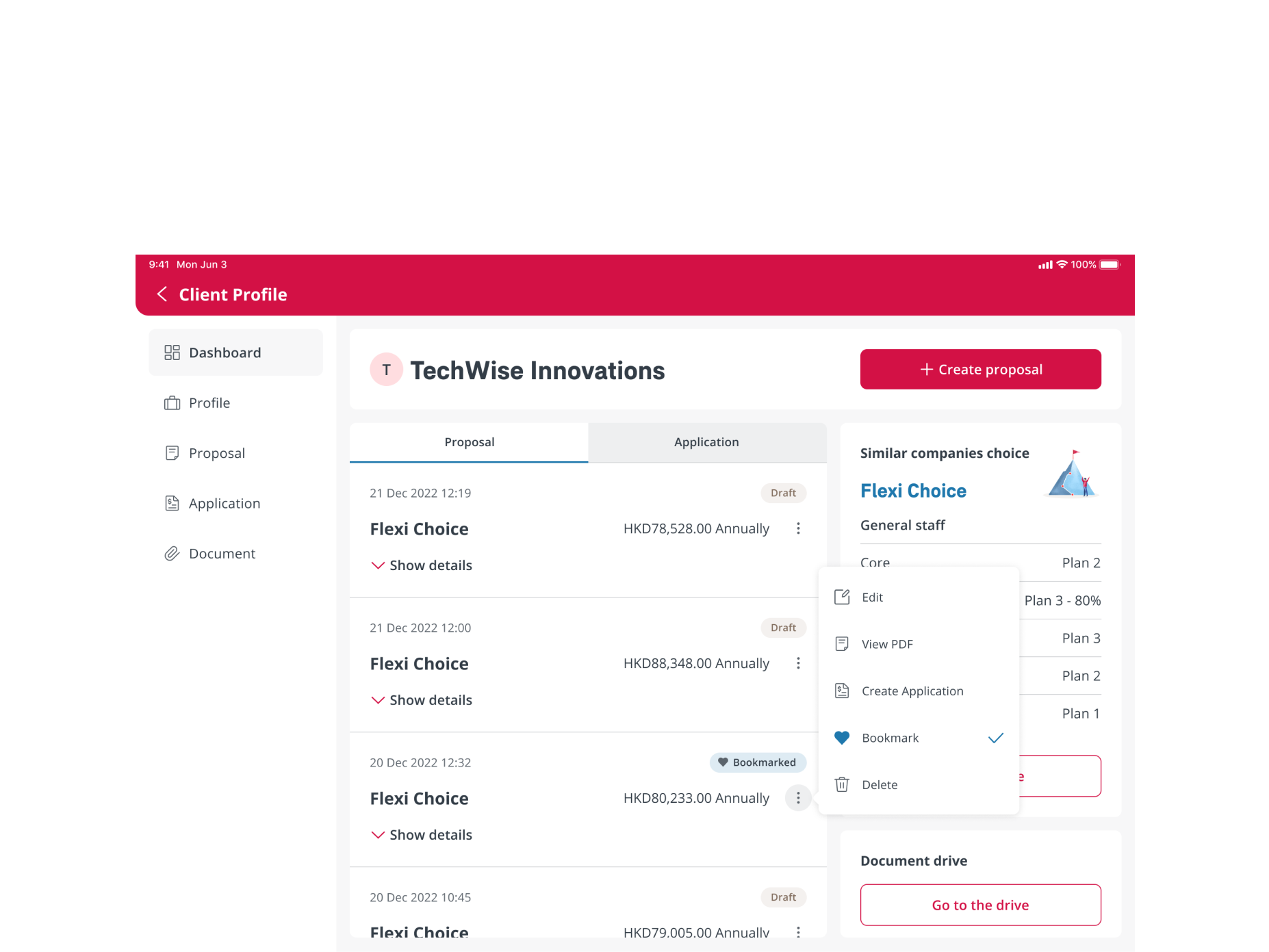 Proposal management screen with draft and bookmarked proposal tags