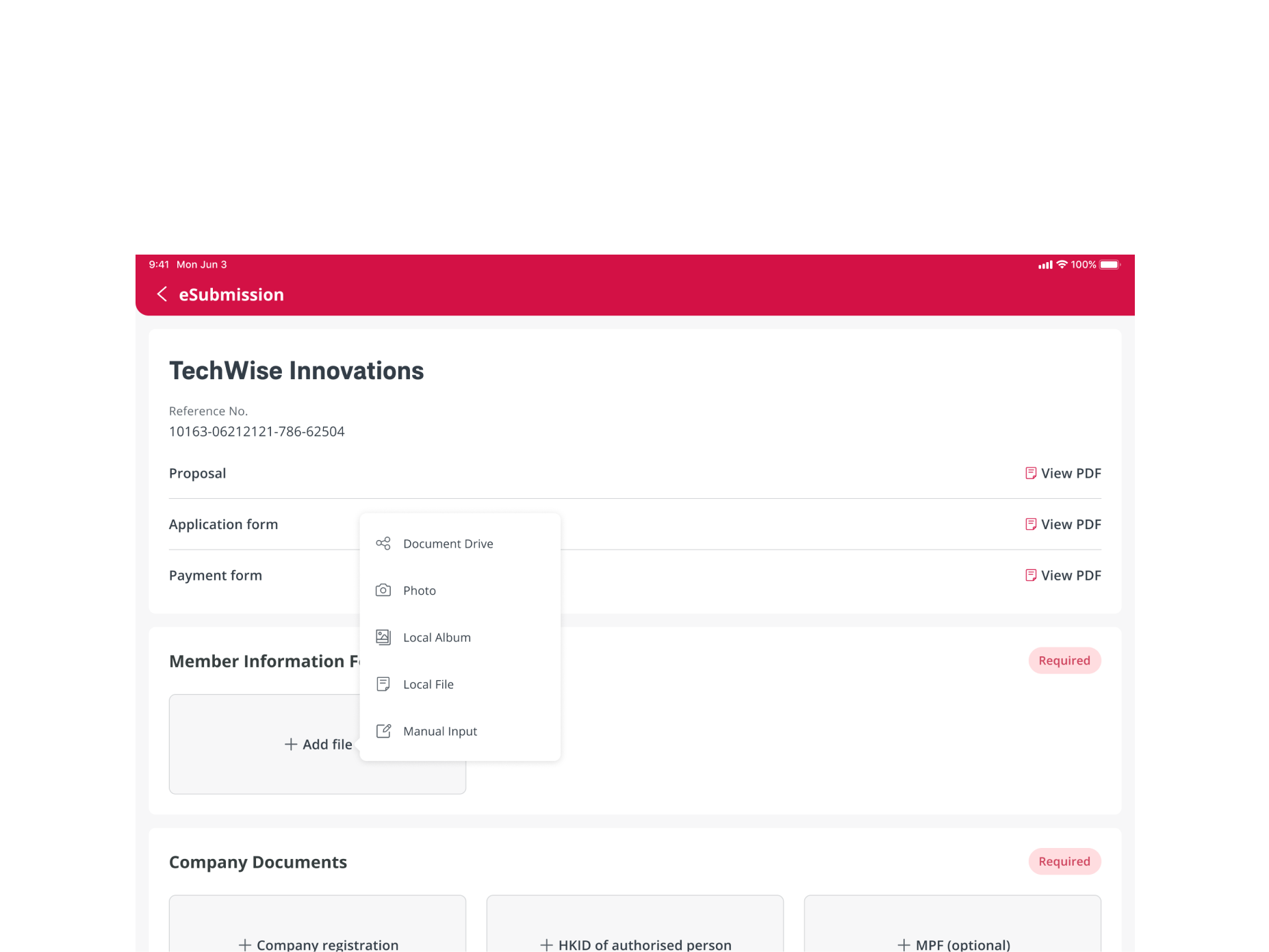 Application submission screen with flexible document upload options